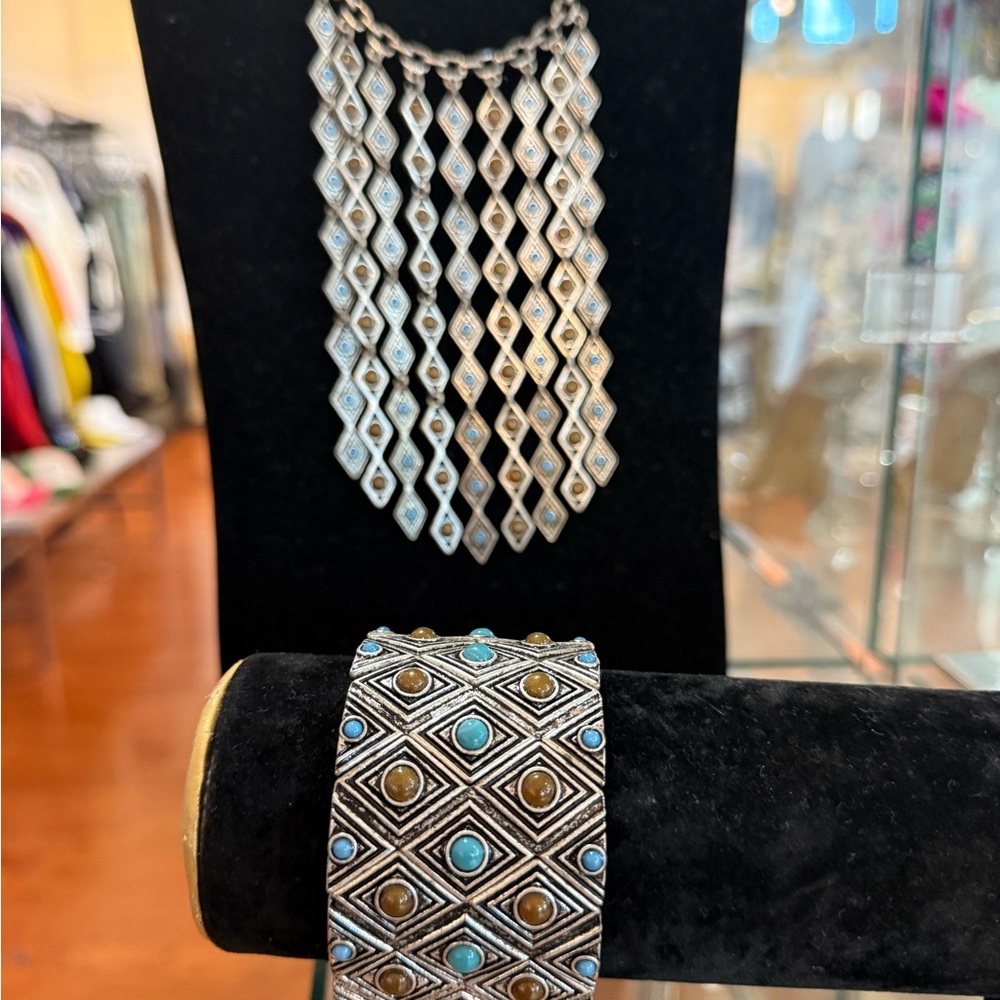 Premier Designs Arizona Silver Necklace & Bracelet with Turquoise/Brown Accents